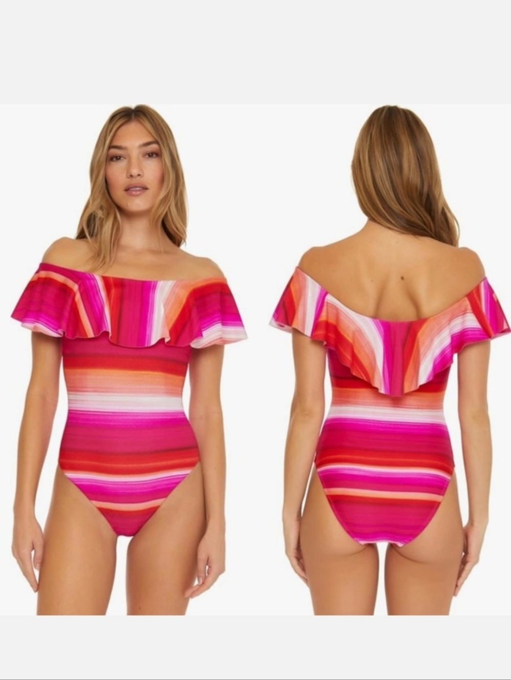 Trina Turk Off-Shoulder Striped One-Piece - Pink, Red, Orange